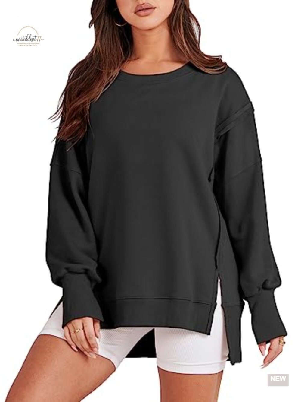 Oversized Crew Neck Sweatshirt Long Sleeve Side Slit Casual Pullover